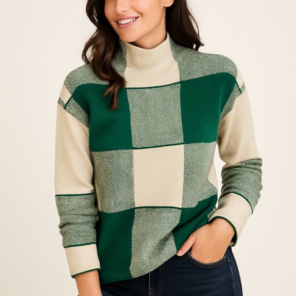 Tahari Green Plaid Turtleneck Sweater Irish Scottish Christmas Soft XS